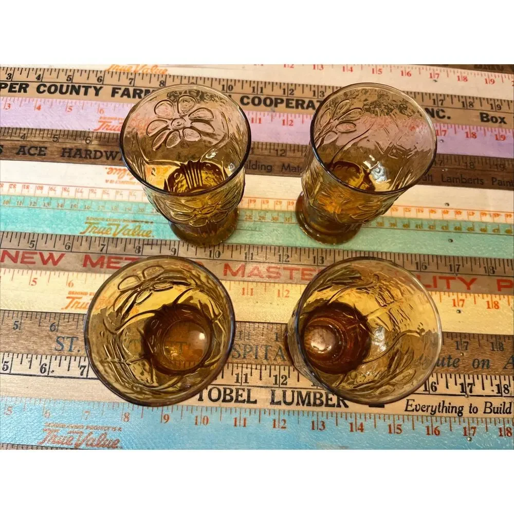Vintage Libbey Amber Brown Country Garden Daisy Juice Glasses Tumblers Set Of 4